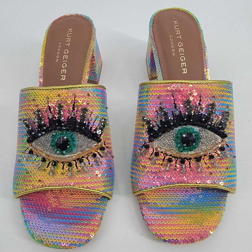 Kurt Geiger London Womens 9 Rainbow Sequin Evil Eye Beaded Mule Heels